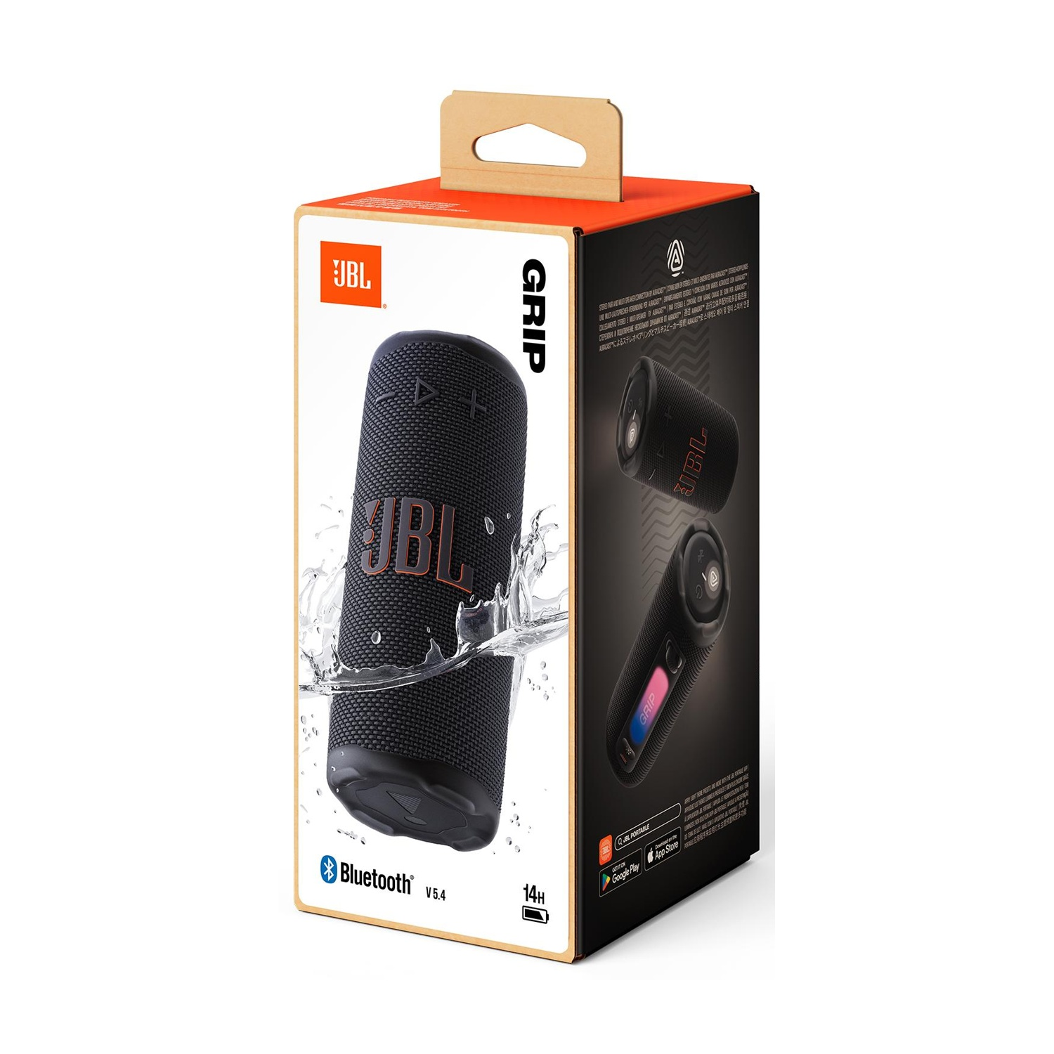 Confezione altoparlante JBL GRIP con altoparlante nero e schizzi d'acqua.