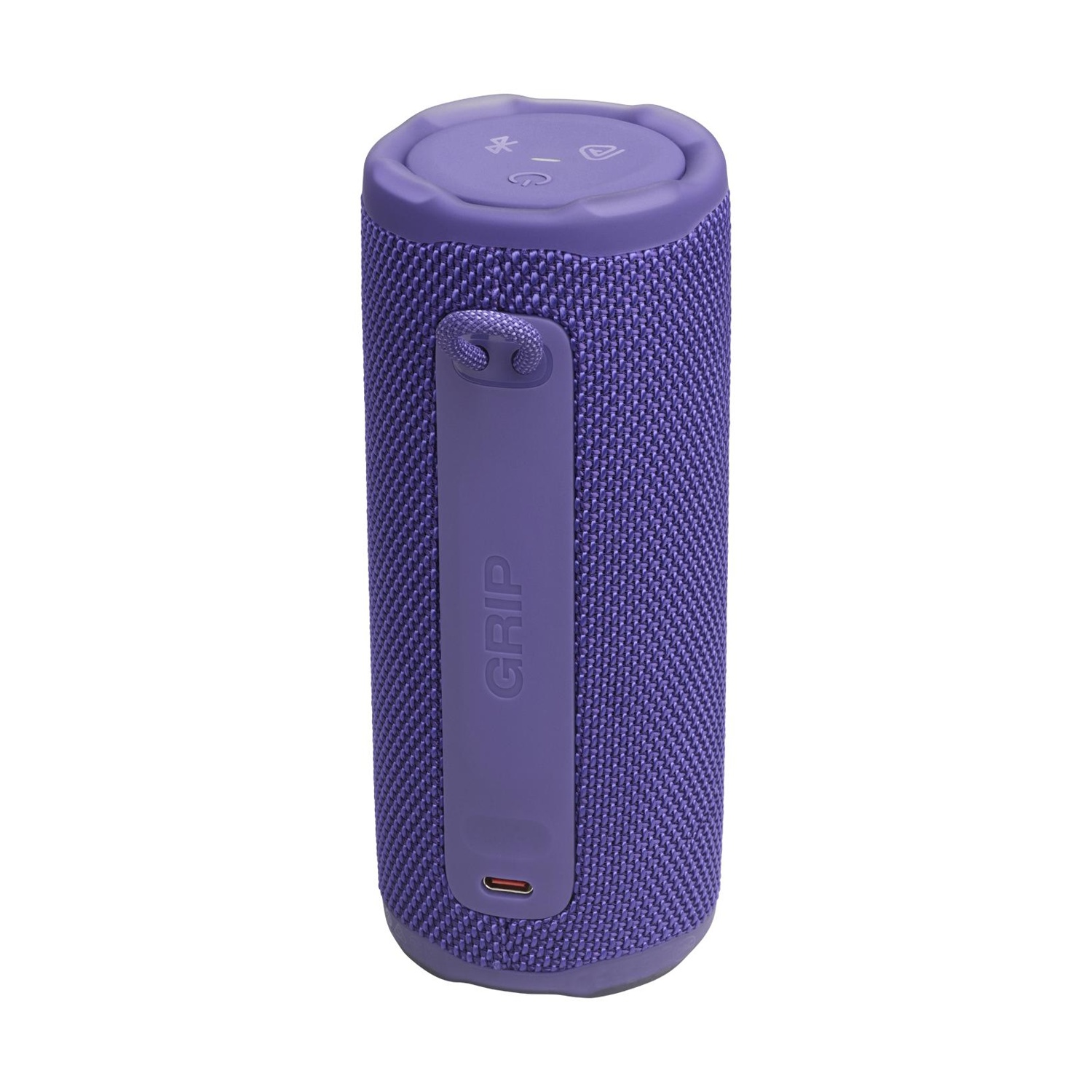 Altoparlante Bluetooth viola con scritta "GRIP" e porta di ricarica.
