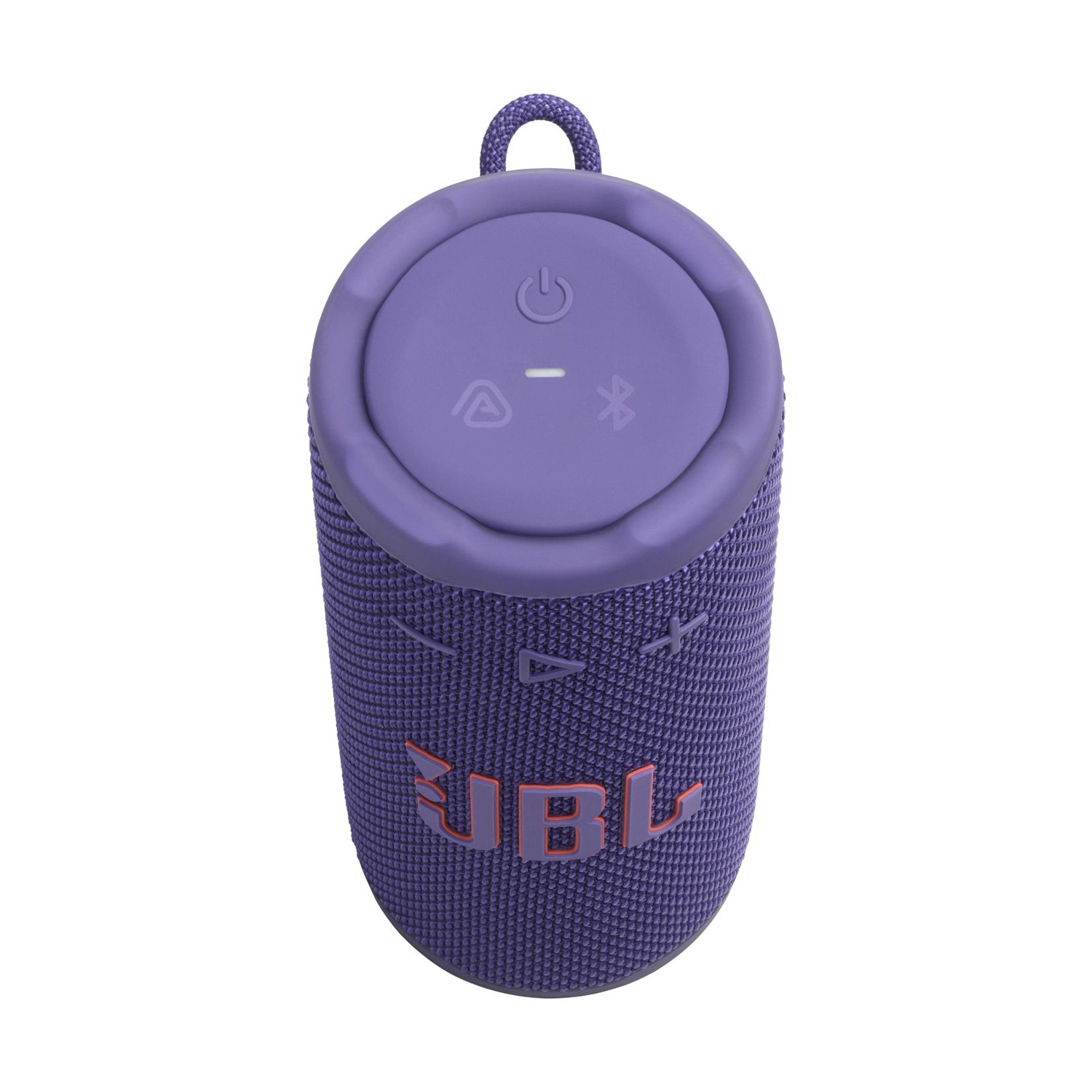 Altoparlante portatile JBL viola con anello superiore. Controlli superiori con icone di accensione e Bluetooth.