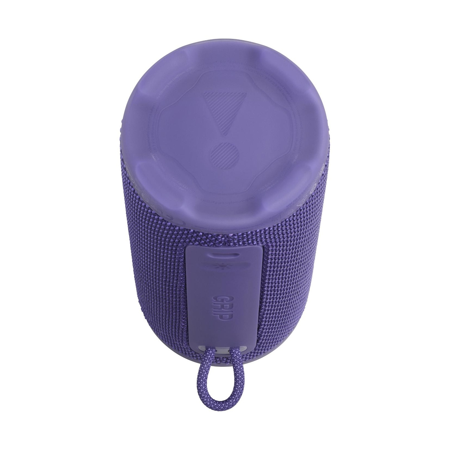Altoparlante JBL viola con copertura in tessuto e tracolla.