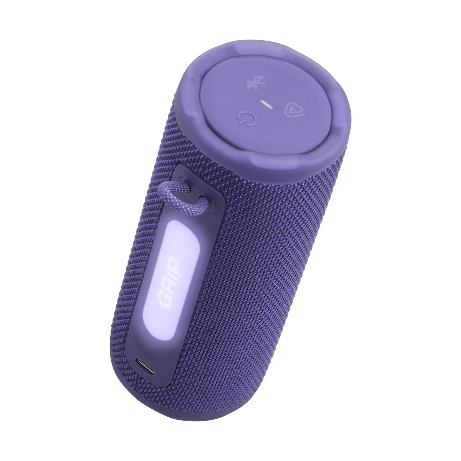 Altoparlante portatile viola con pulsanti volume e cinghia.