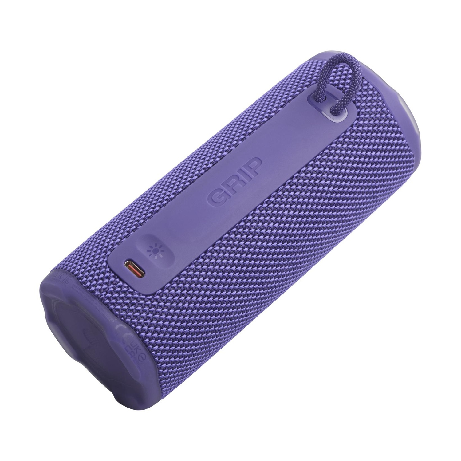 Altoparlante Bluetooth viola con cinghia e porta USB-C.