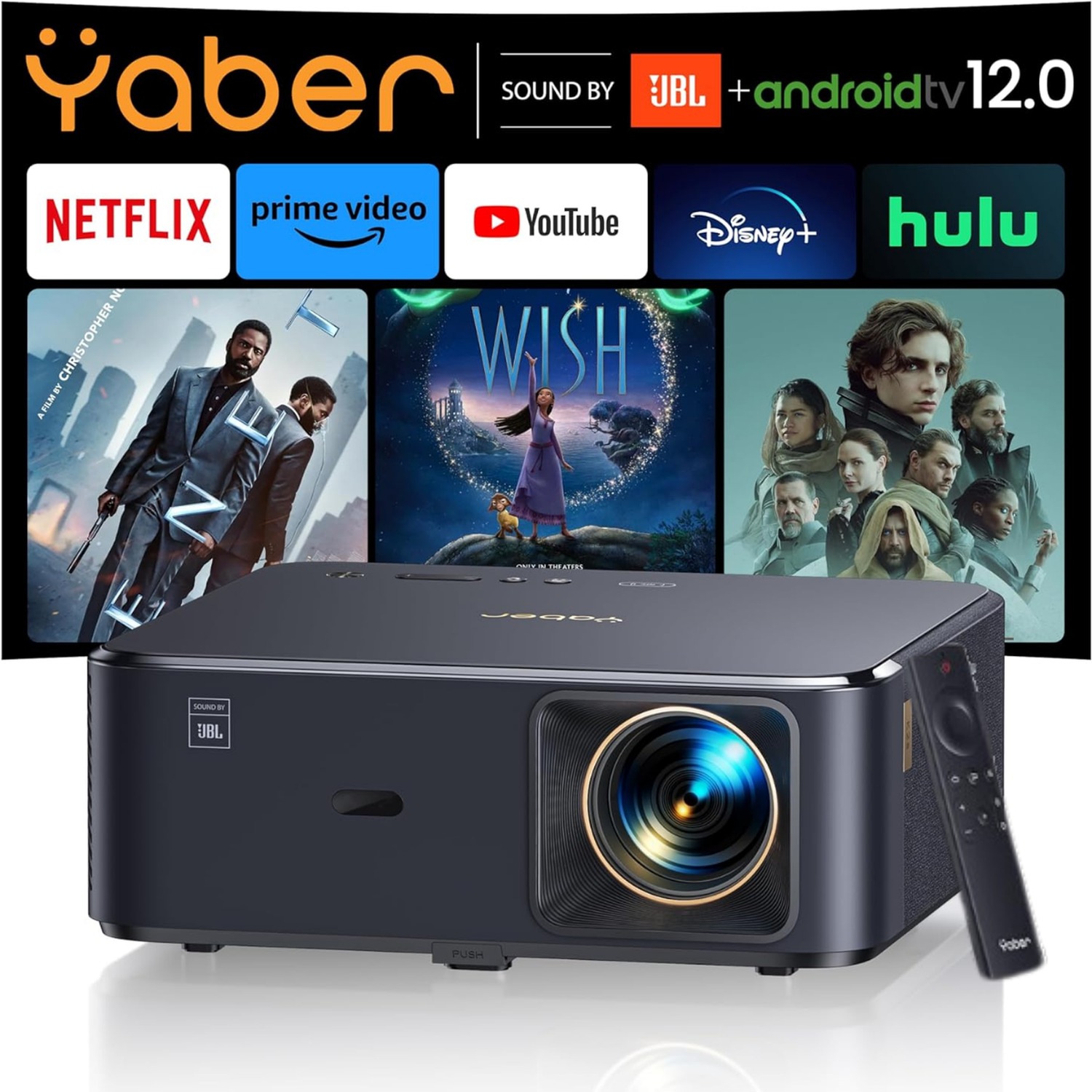 A Yaber projector with a remote and various streaming app logos displayed.