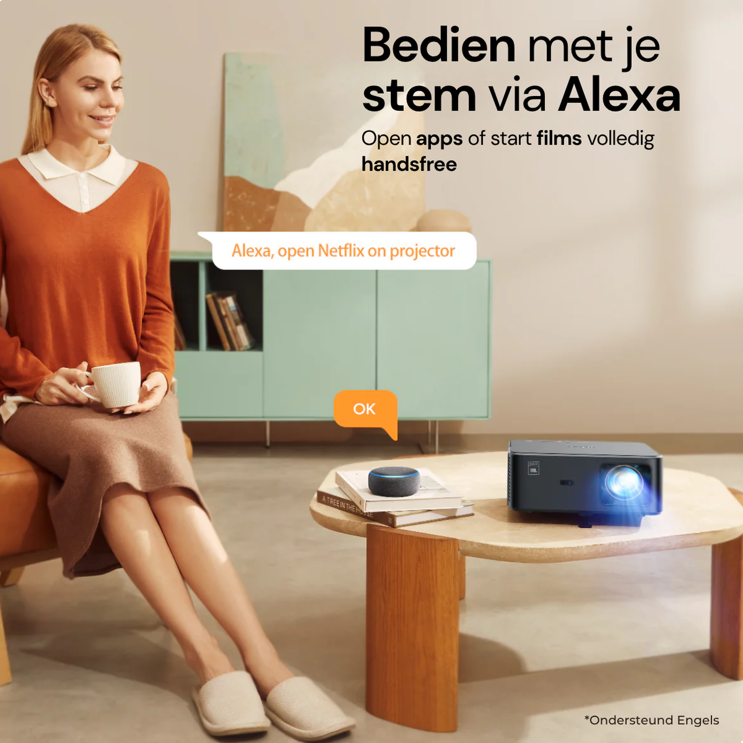 Woman sits with cup, projector and Alexa on table playing Netflix.