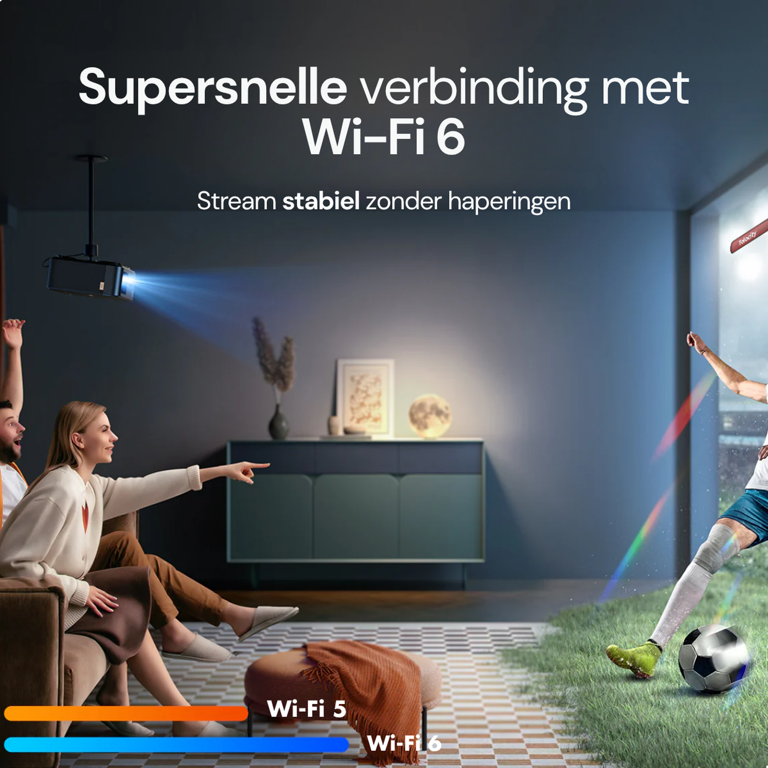 Beamer projects soccer game. People watch. Wi-Fi 6 connection.
