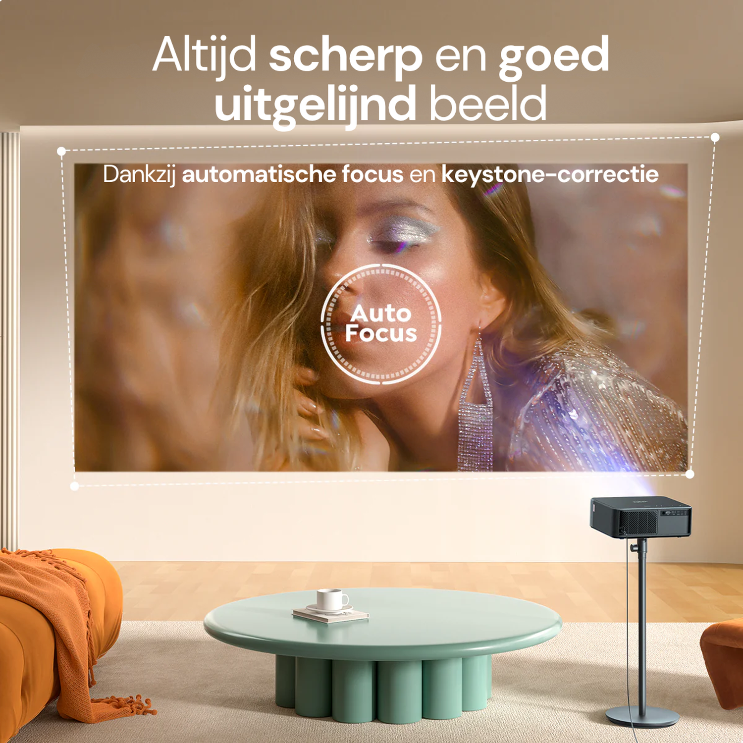 A projector displays an image of a woman with glitter makeup on a screen.