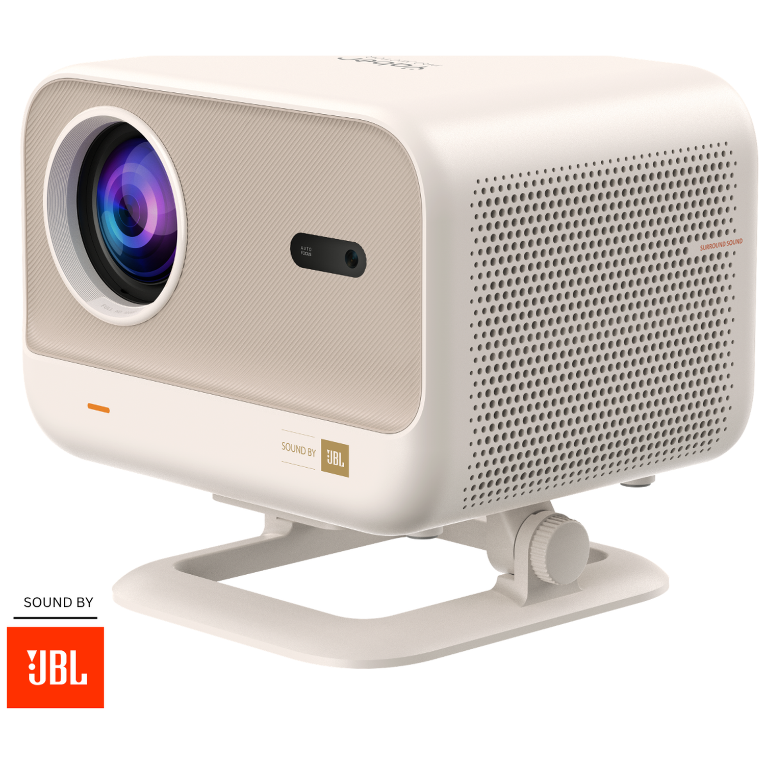 Een witte projector met JBL-logo op een standaard.