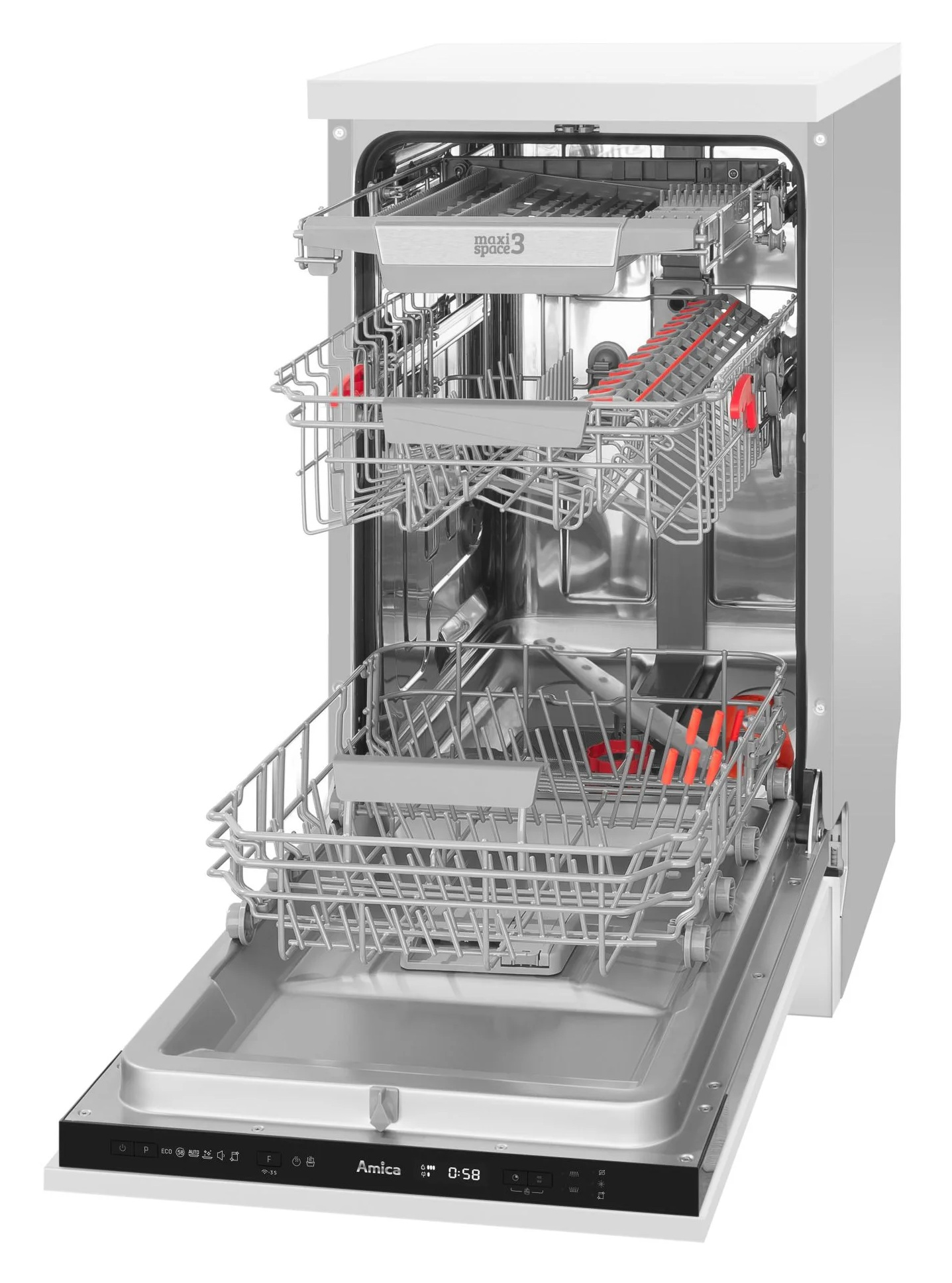 Otwarta zmywarka z trzema koszami i panelem sterowania.