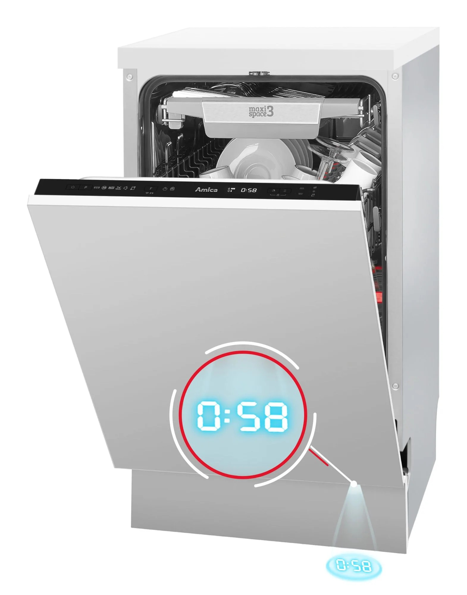 Biała zmywarka z otwartymi drzwiami, naczynia w środku, wyświetlacz pokazuje 0:58.
