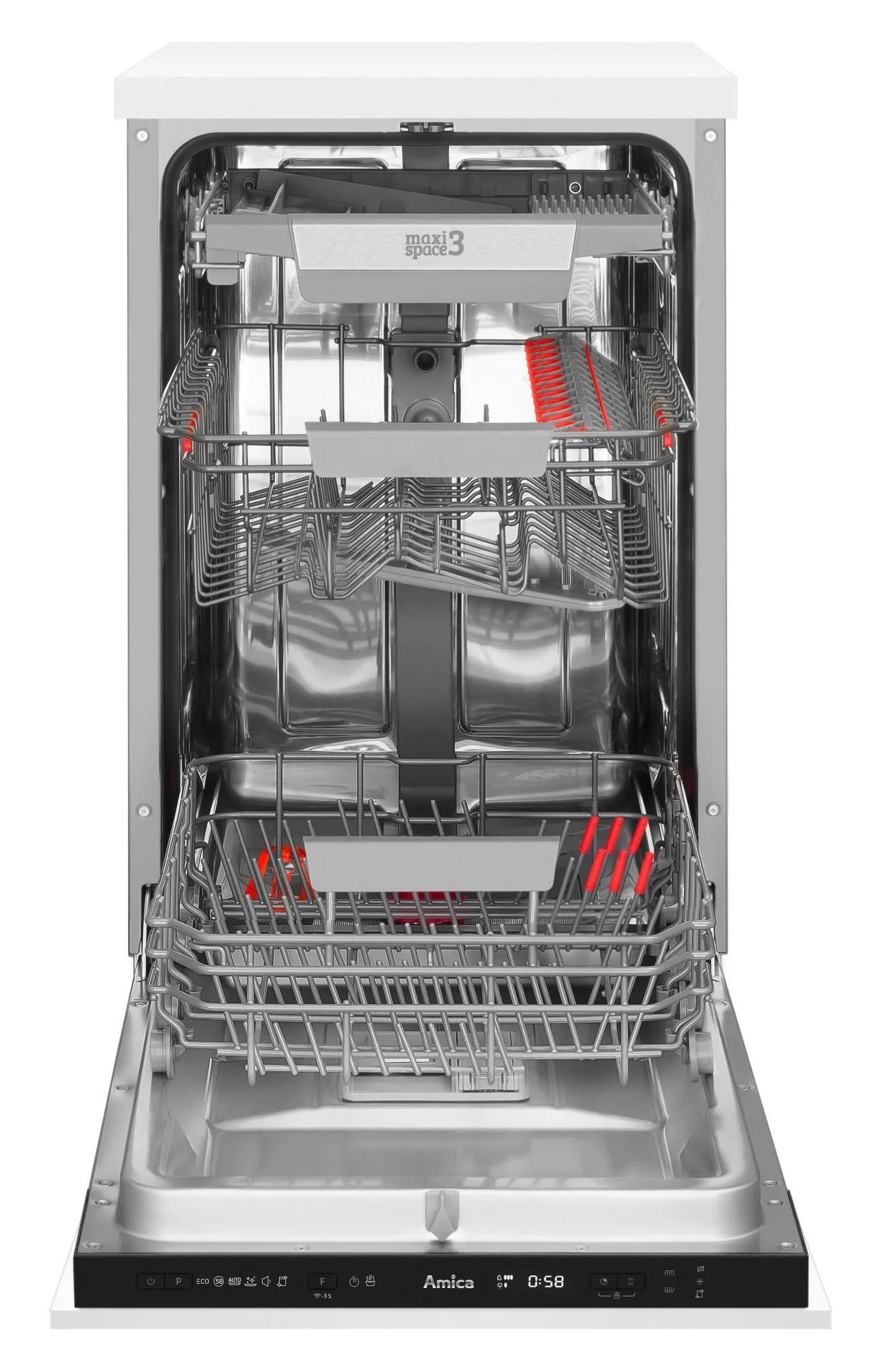 Otwarty zmywarka z trzema koszami i srebrnymi stelażami.
