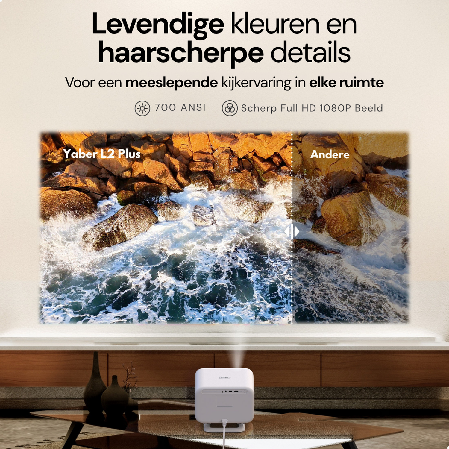 Een witte projector toont levendige oceaanscène met rotsen. Tekst benadrukt '700 ANSI' en 'Full HD'.