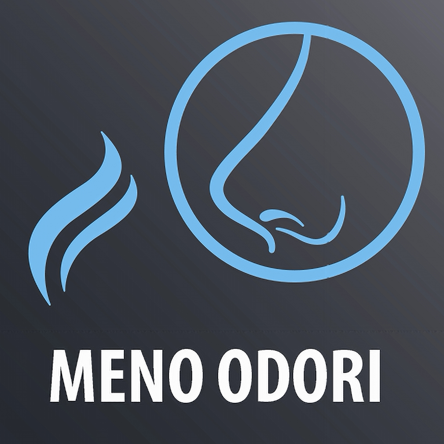 Icona naso blu con fumo e testo MENO ODORI su sfondo scuro.