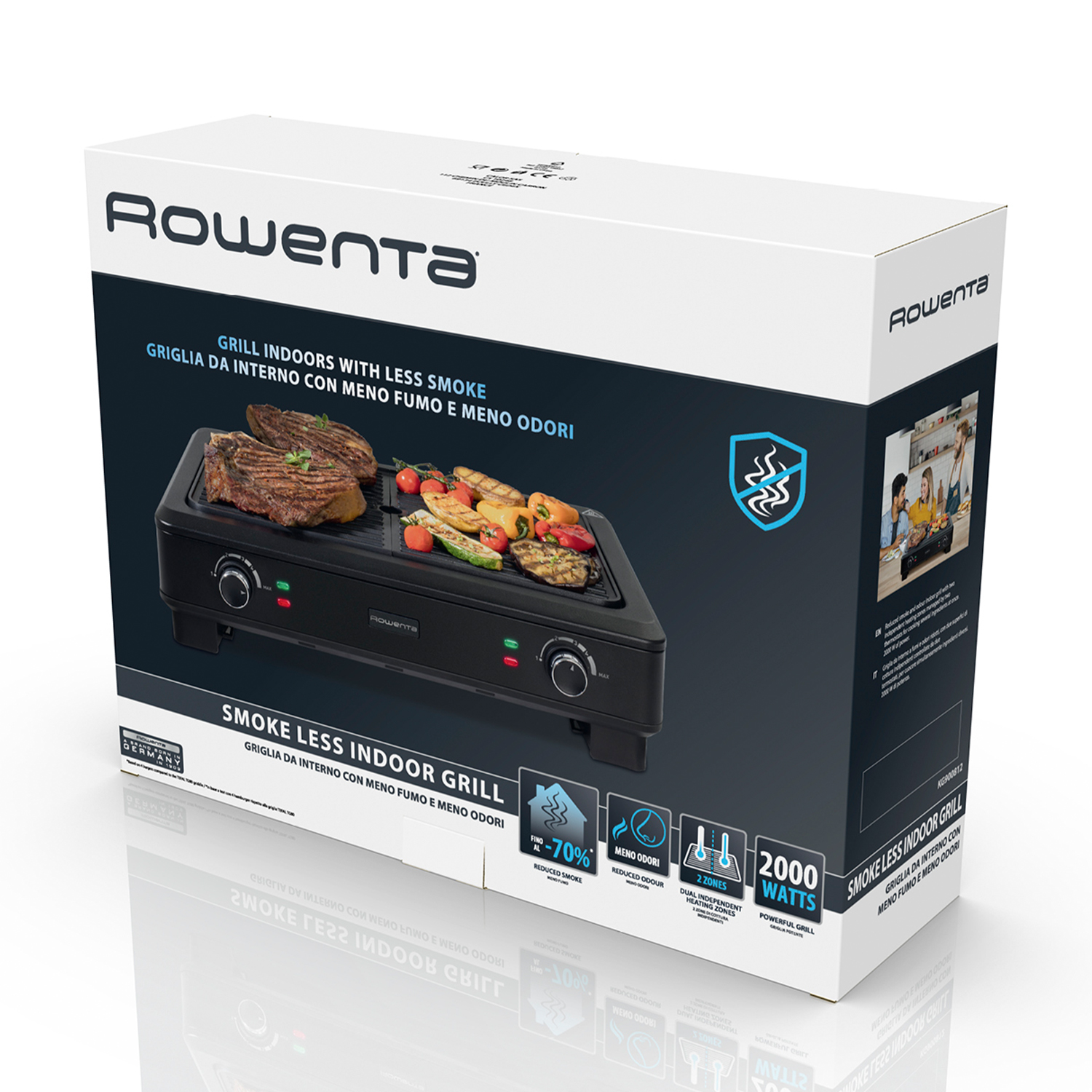 Griglia da interni Rowenta con carne e verdure, 2000 watt, meno fumo.