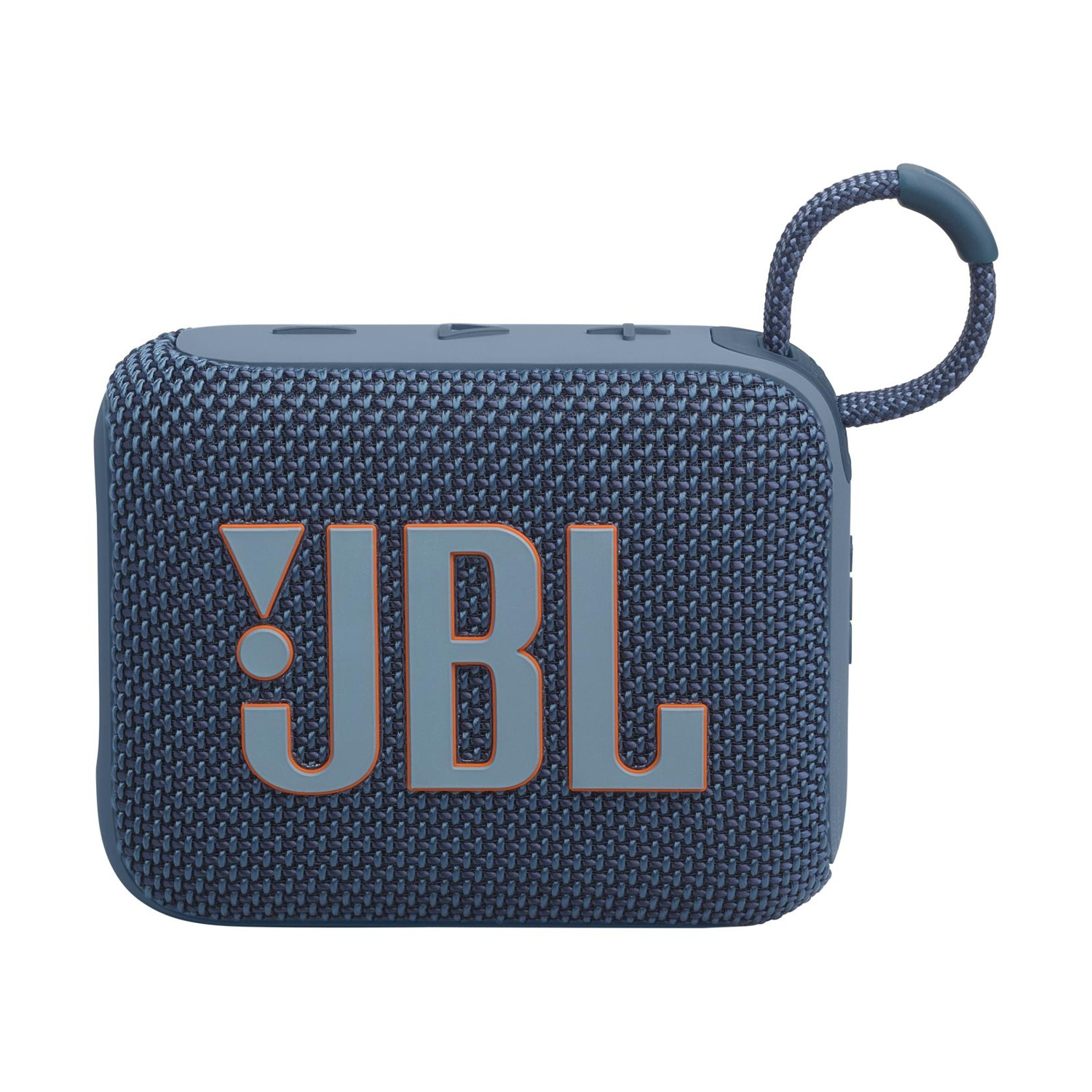 Altoparlante JBL blu con anello di trasporto e logo arancione su sfondo bianco.
