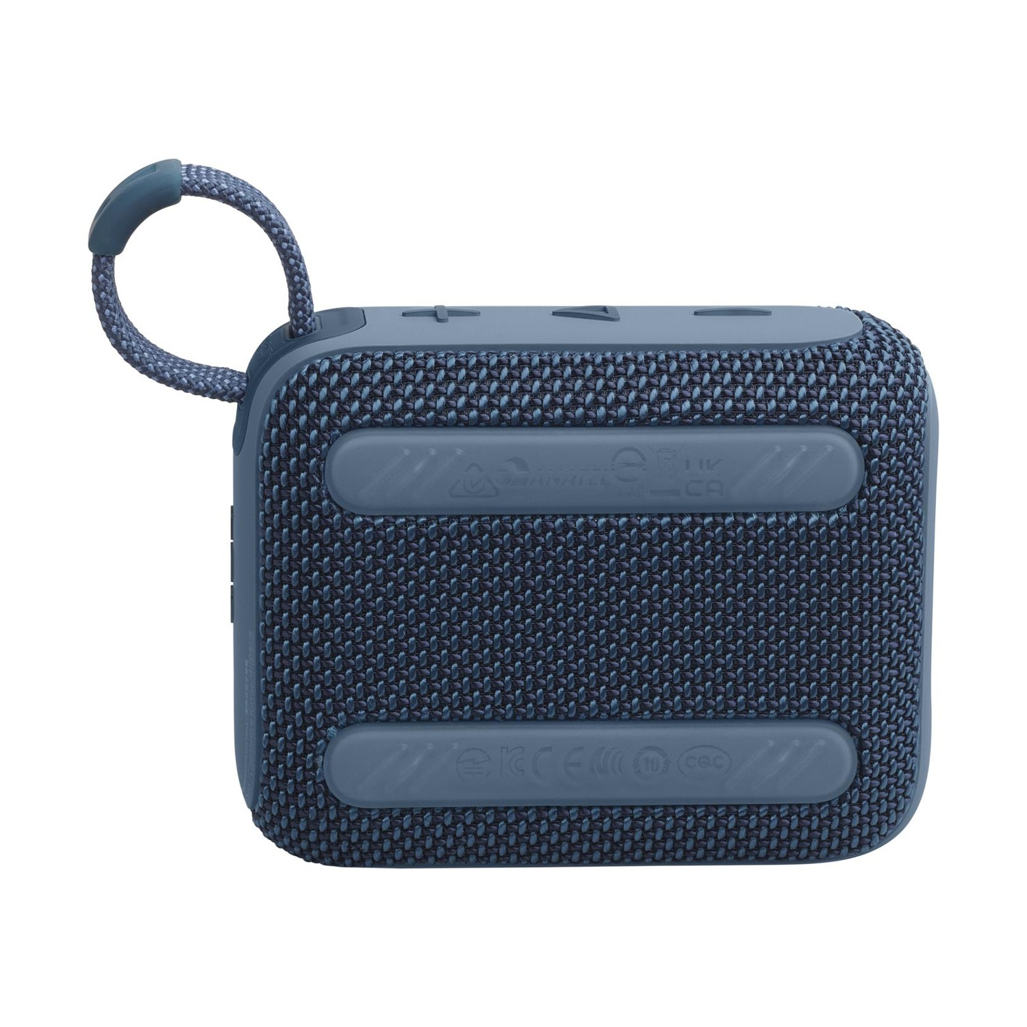 Un altoparlante portatile blu con griglia in tessuto e laccetto. Sfondo bianco.