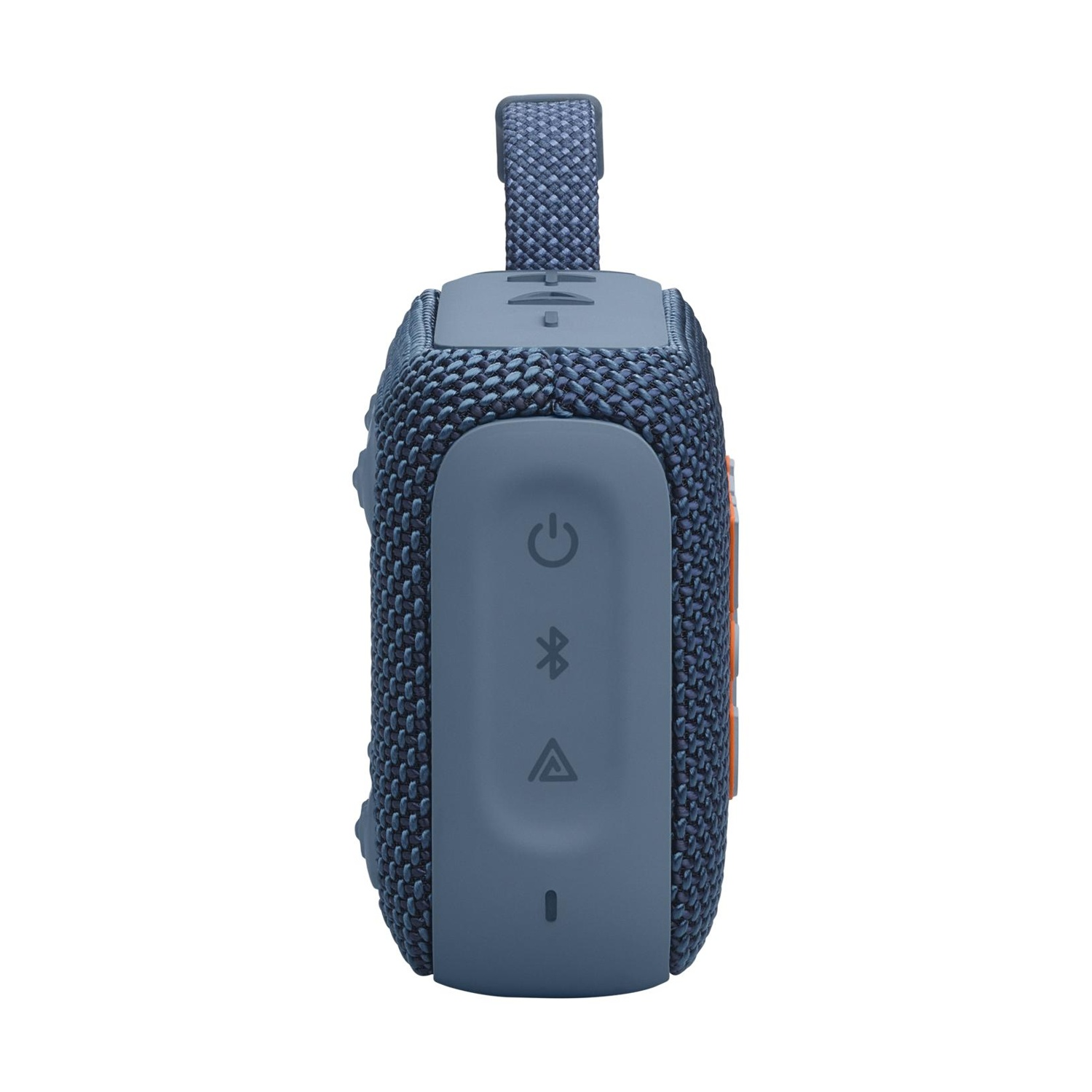Altoparlante portatile blu con griglia in tessuto e pulsanti di controllo.