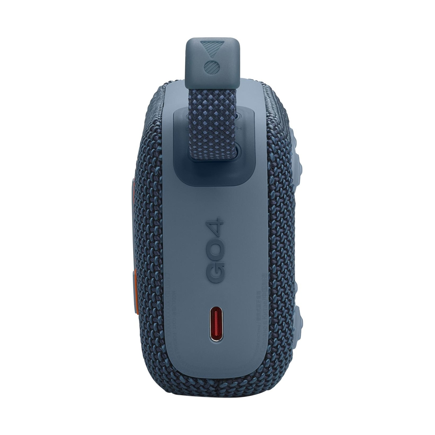 Un altoparlante JBL Go 4 blu con tracolla e porta USB-C.