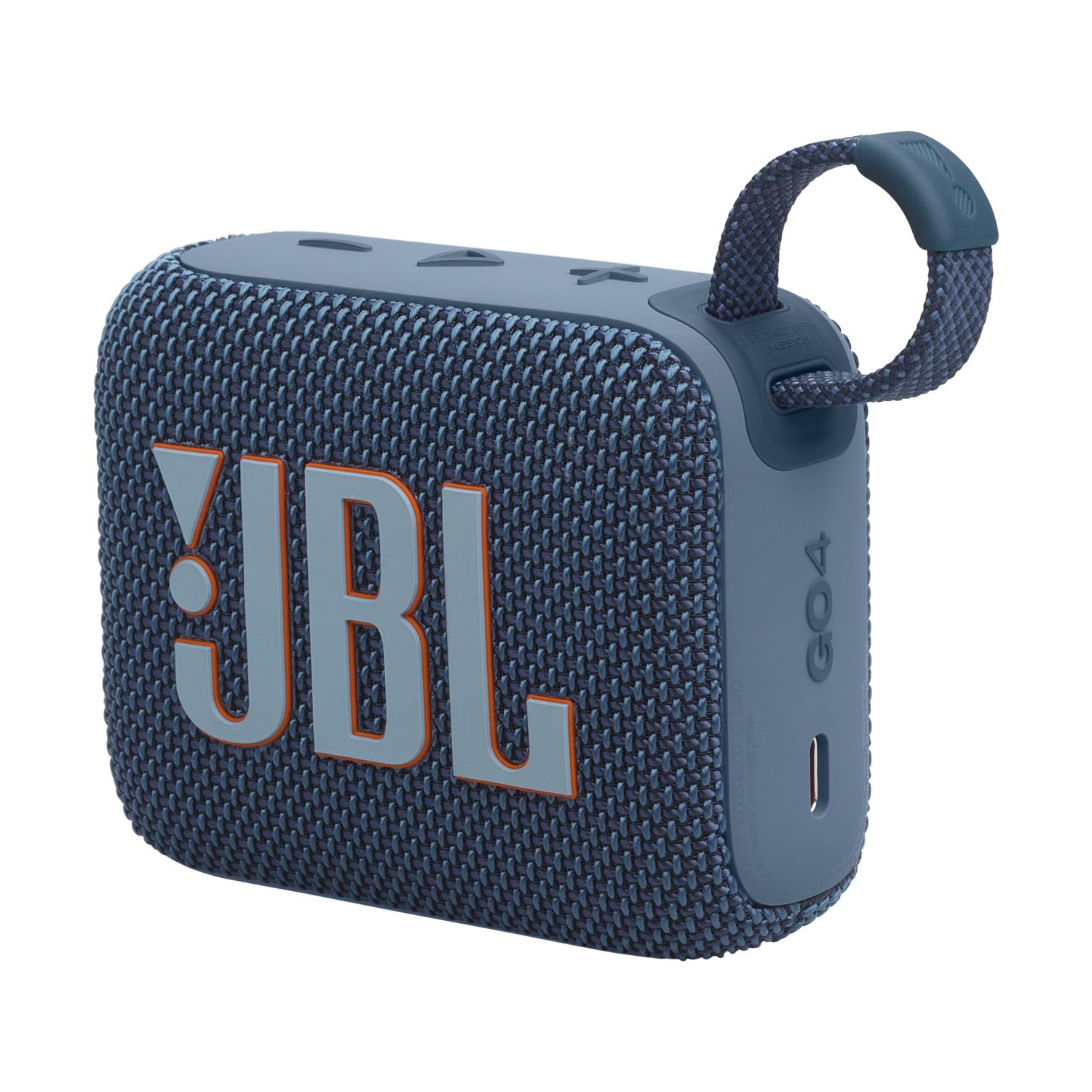 Un altoparlante portatile JBL GO 4 blu con logo JBL arancione e grigio e cinturino.