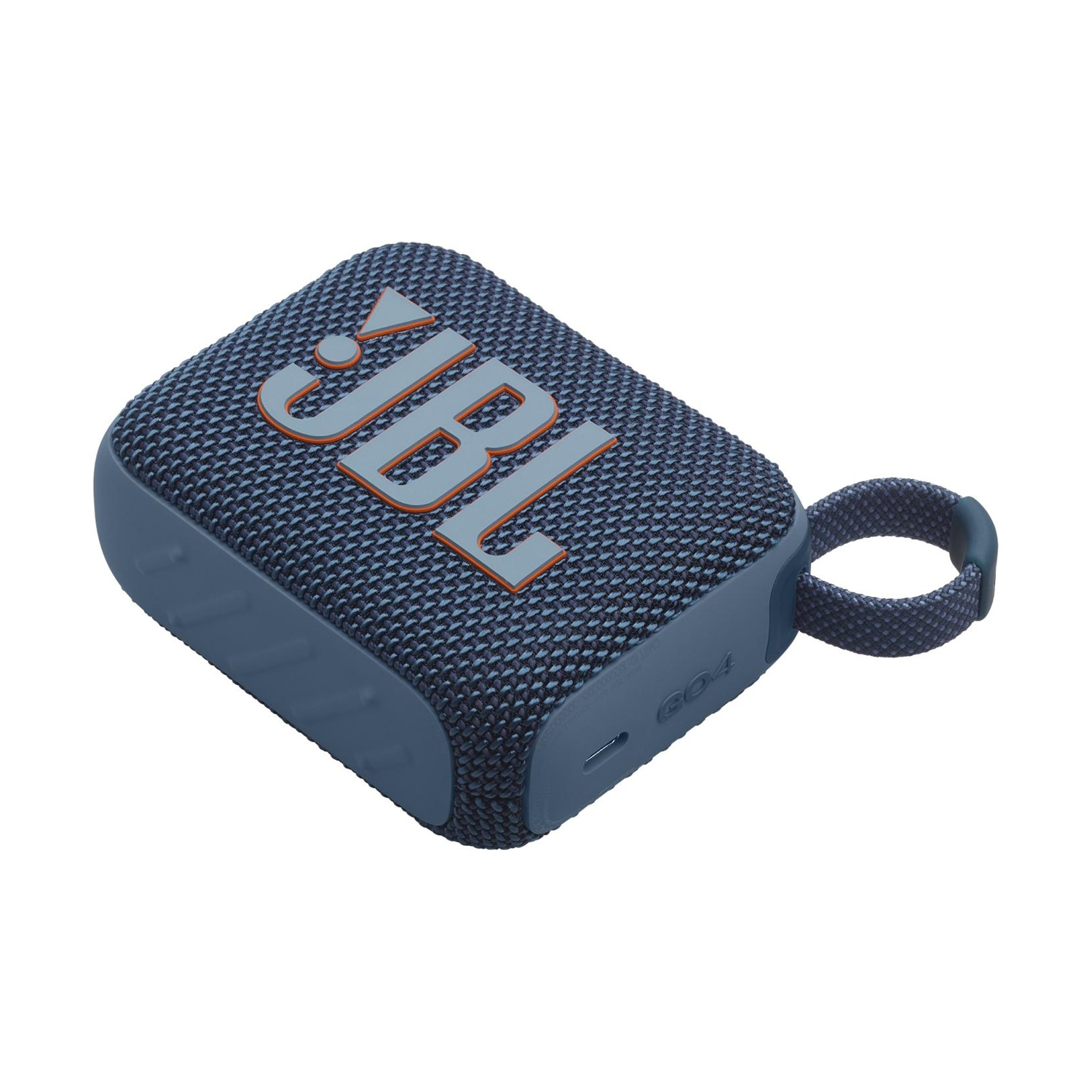 Un altoparlante Bluetooth JBL Go 4 blu con cinturino, isolato su sfondo bianco.