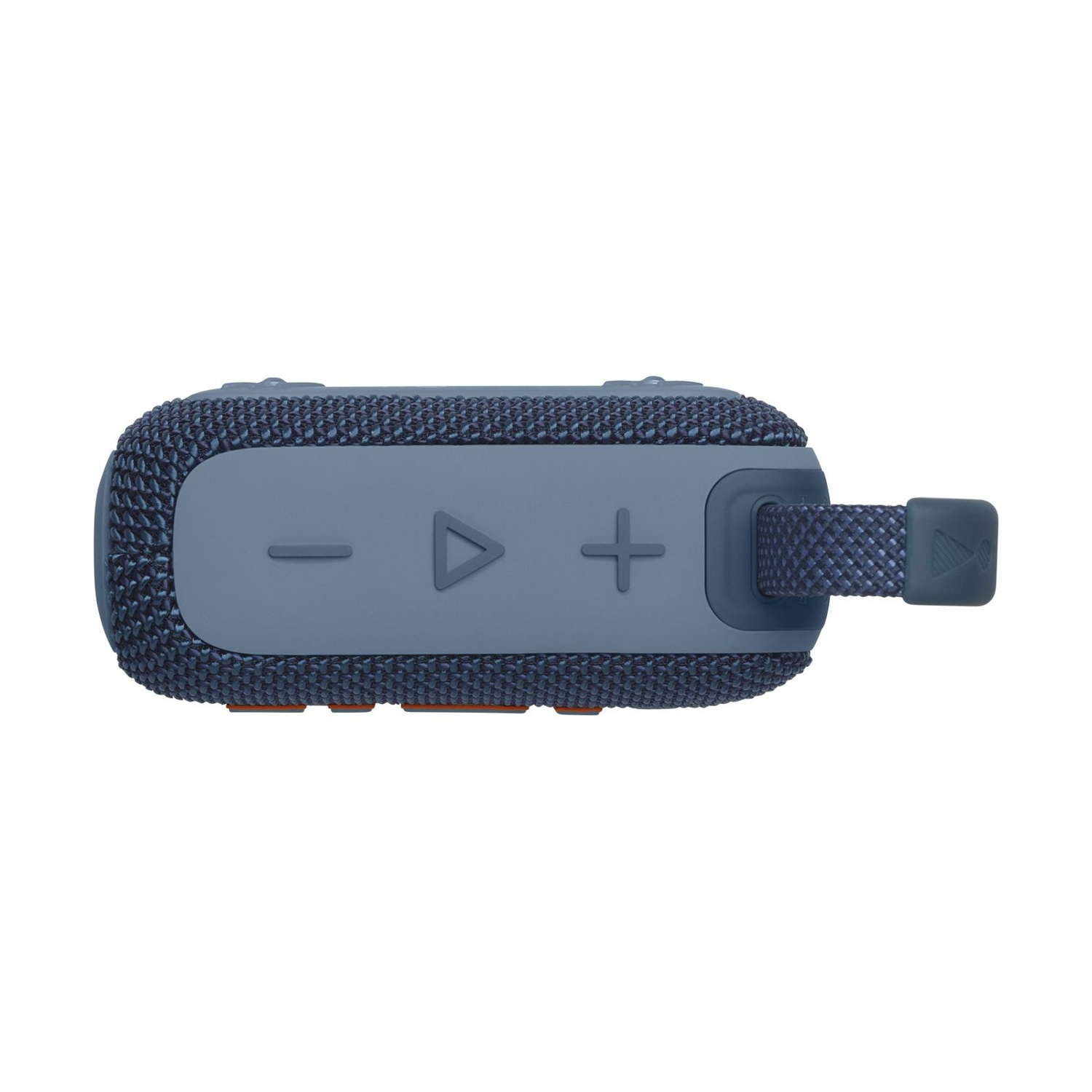 Altoparlante portatile blu con griglia in tessuto e pulsanti.