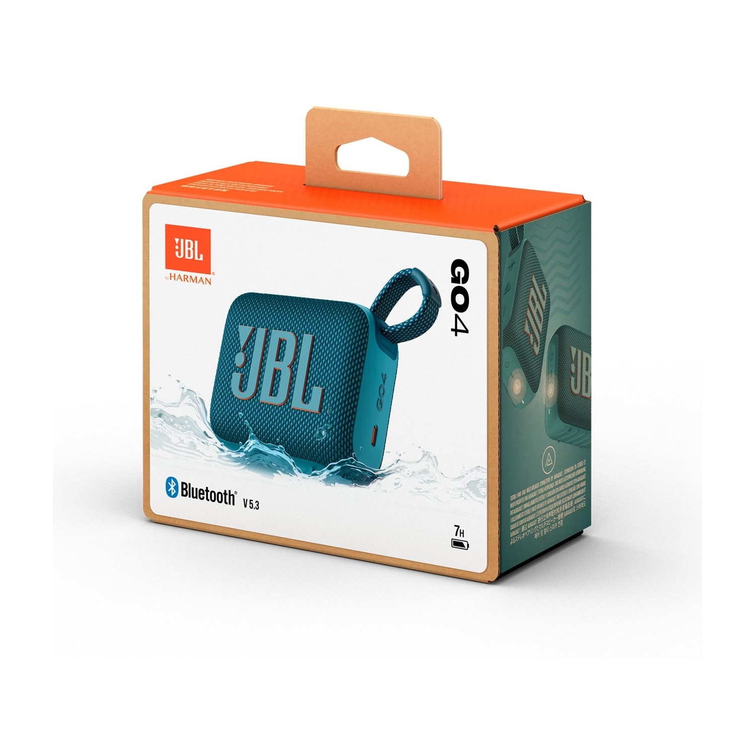 Scatola di un altoparlante Bluetooth JBL GO4 blu, con design a spruzzo e manico.