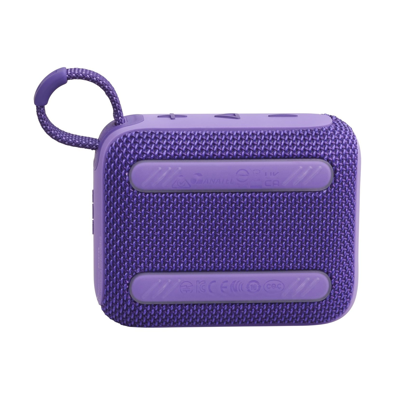 Un piccolo speaker Bluetooth viola testurizzato con un anello.