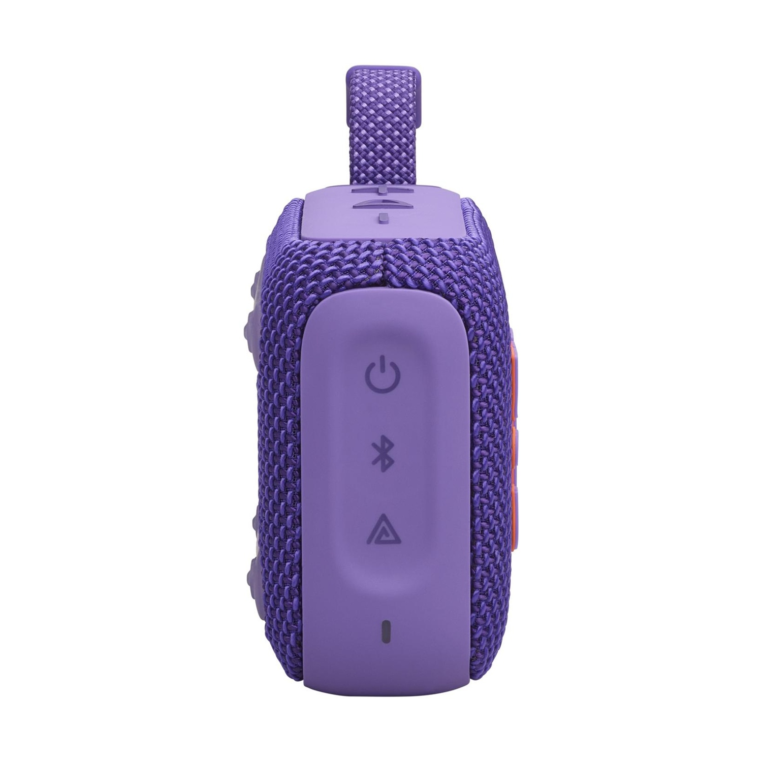 Altoparlante Bluetooth viola con cinghia e pulsanti. Sfondo bianco.
