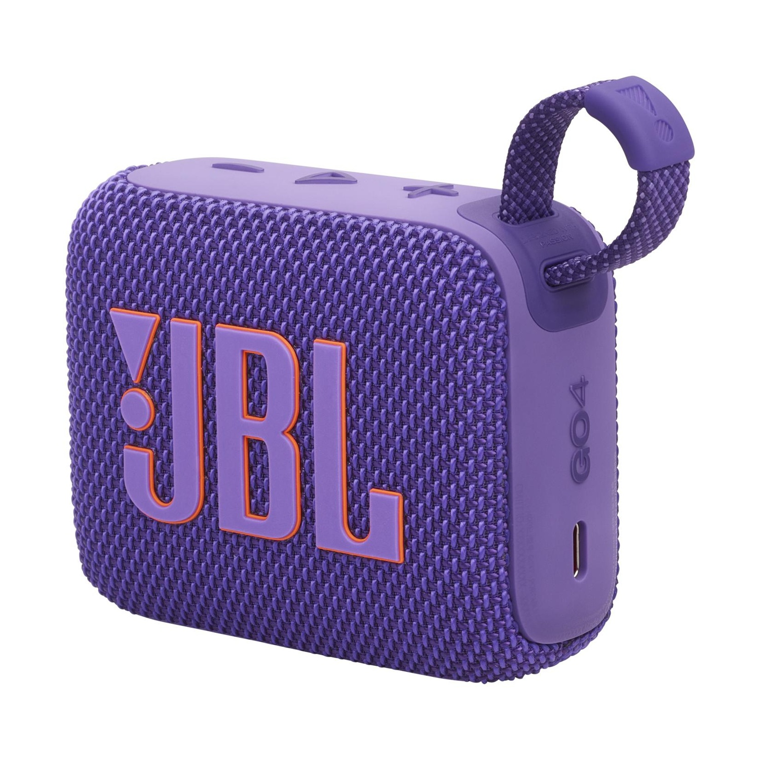 Altoparlante Bluetooth JBL GO4 viola con logo arancione e tracolla.