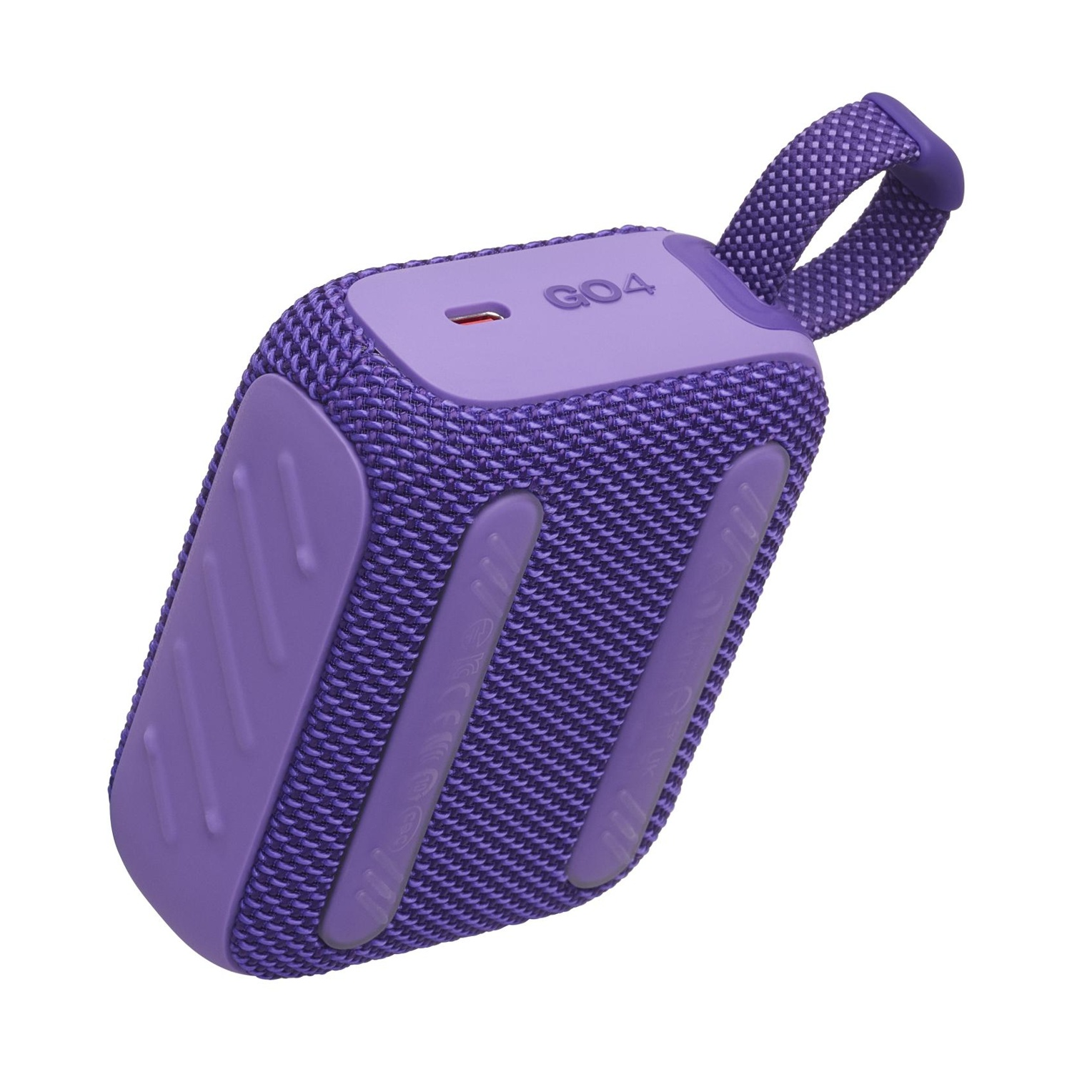 Un altoparlante portatile viola con un anello e l'iscrizione GO4.