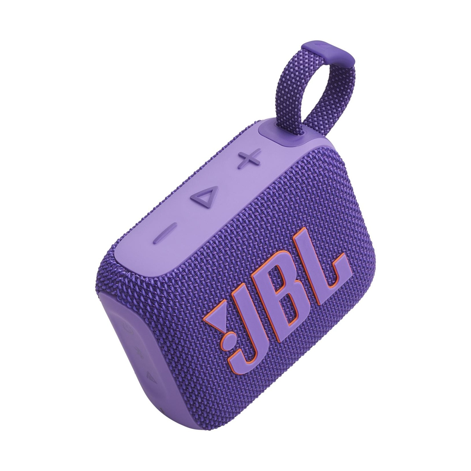 Altoparlante JBL viola con logo arancione e cinghia.