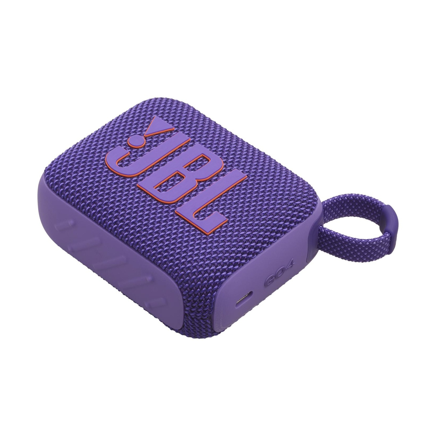 Altoparlante JBL Go 4 viola con logo arancione e tracolla.