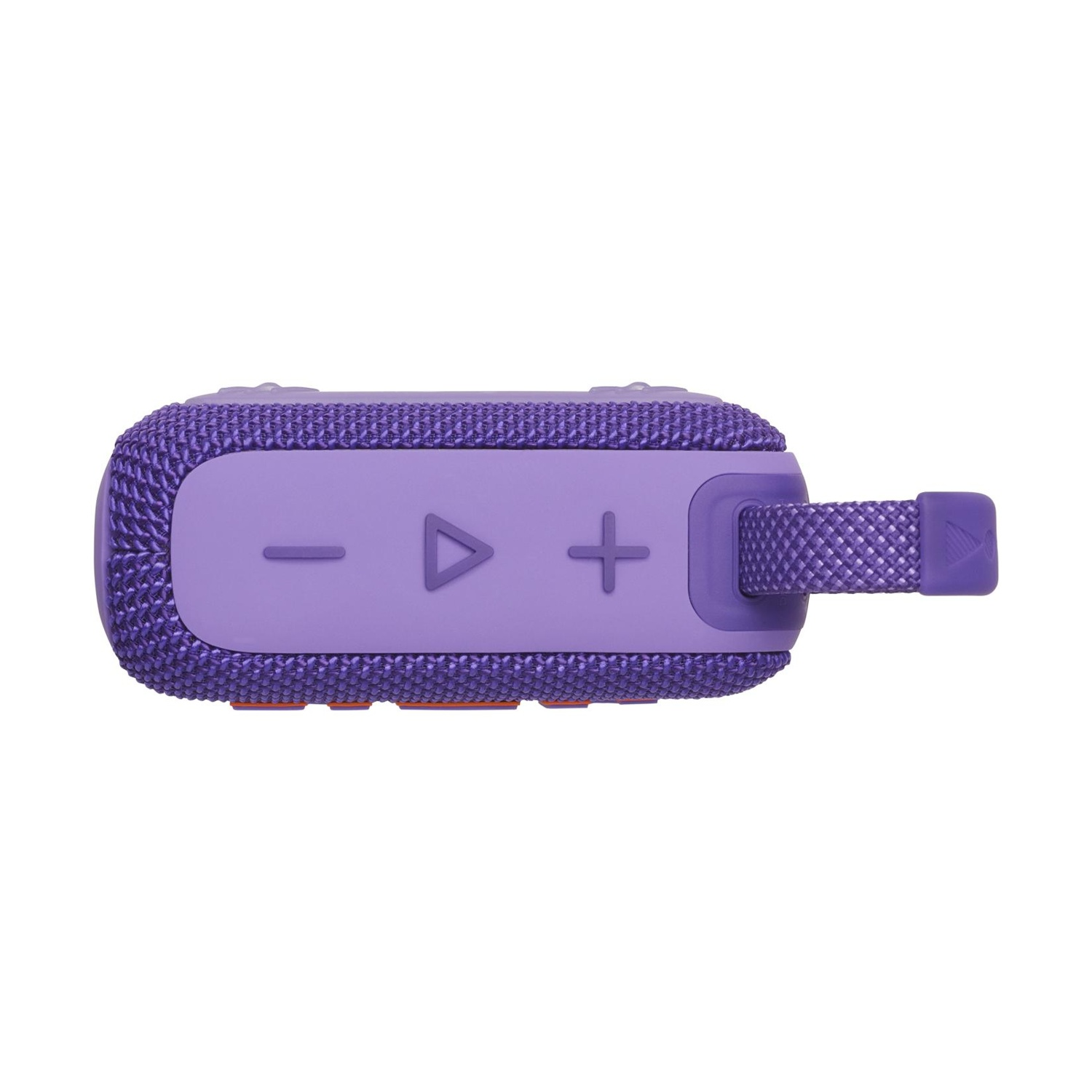 Altoparlante viola con pulsanti play, avanti e indietro e tracolla.
