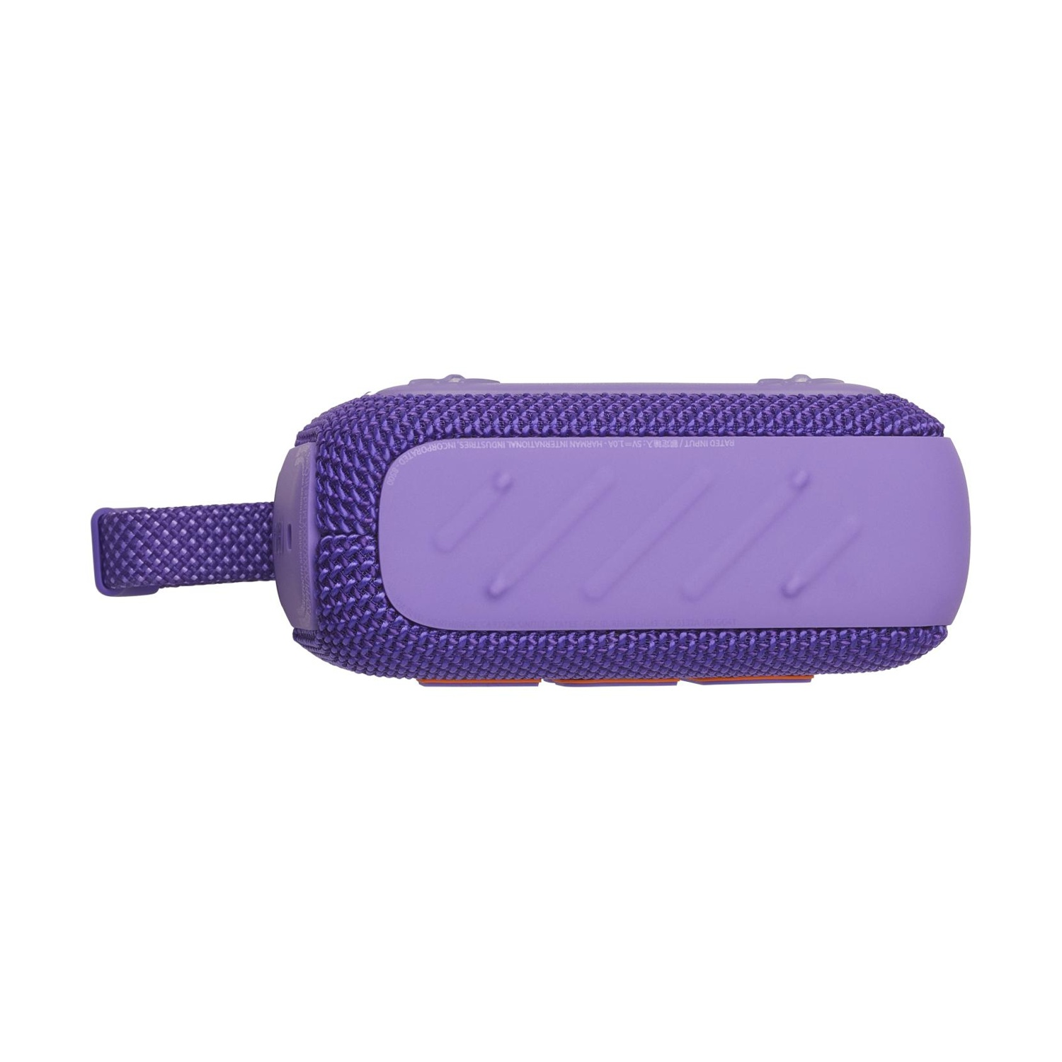 Altoparlante Bluetooth viola con cinturino in tessuto e accenti arancioni.