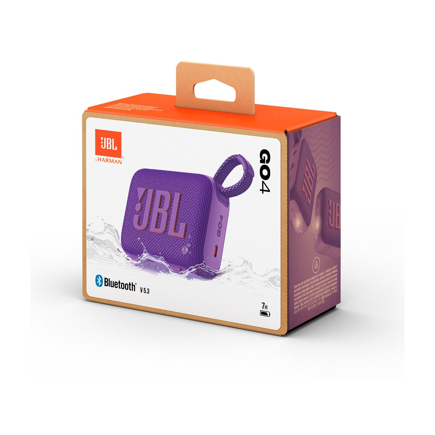 Altoparlante Bluetooth JBL Go 4 viola sulla sua scatola arancione con manico.