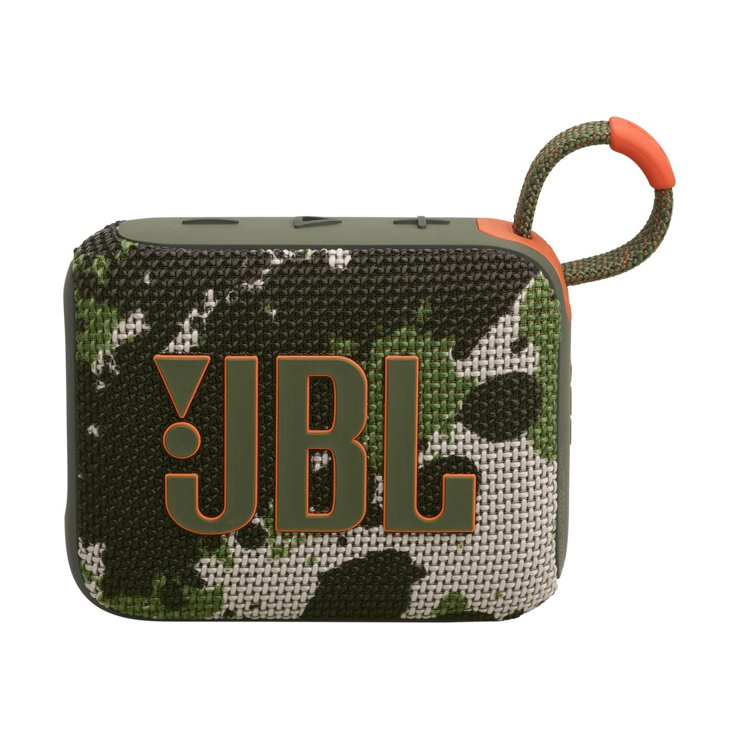Un altoparlante JBL Go 3 verde con motivo mimetico e anello di trasporto arancione.