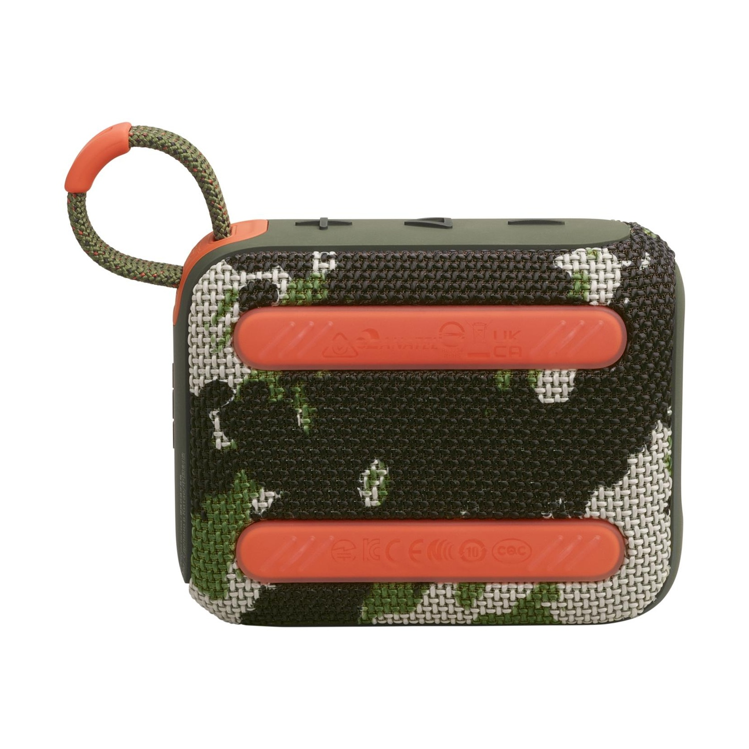 Un altoparlante portatile con motivo mimetico, accenti arancioni e anello di trasporto.