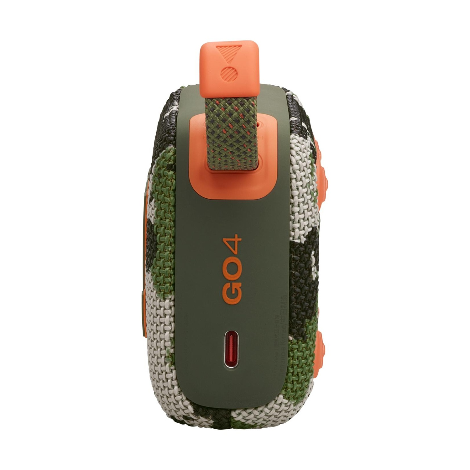 Un altoparlante Bluetooth verde mimetico con cinturino e controlli arancioni.