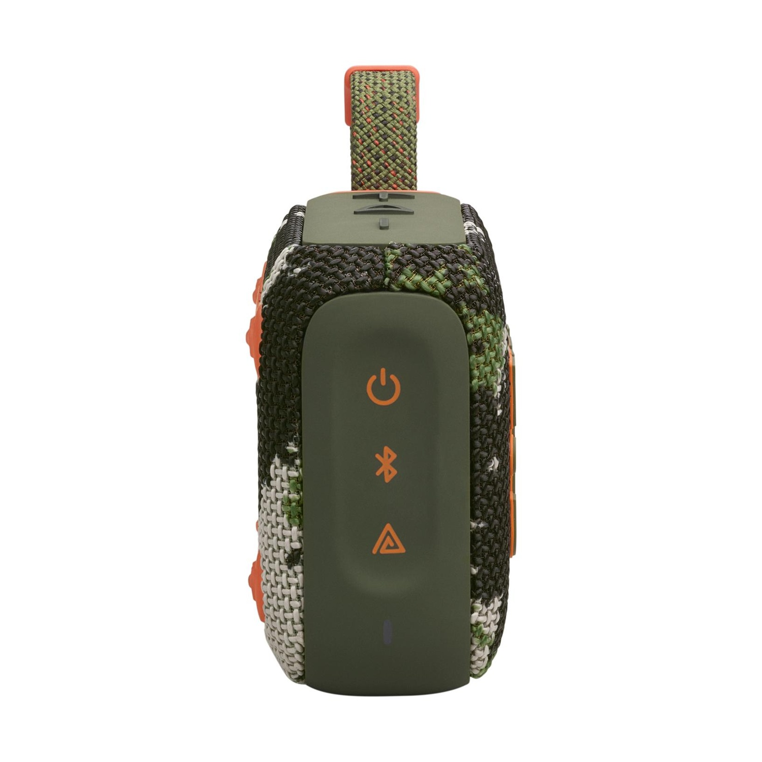 Altoparlante portatile mimetico con accenti arancioni e cinturino verde.