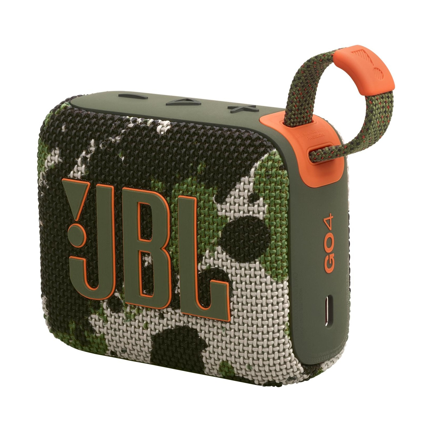 Cassa Bluetooth JBL Go 4 verde mimetico con anello porta-trasporto arancione.