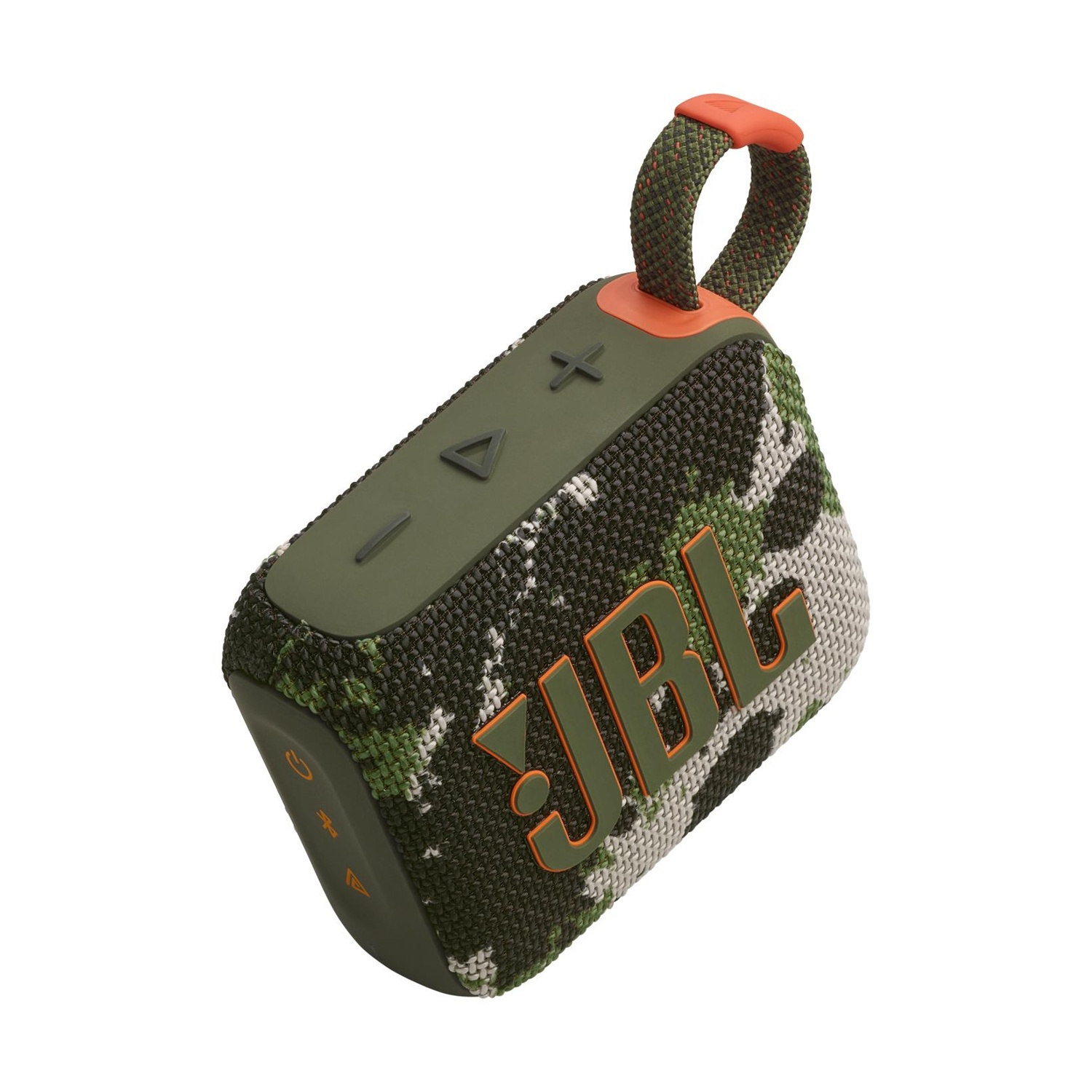 Un altoparlante JBL verde mimetico con pulsanti arancioni e tracolla.