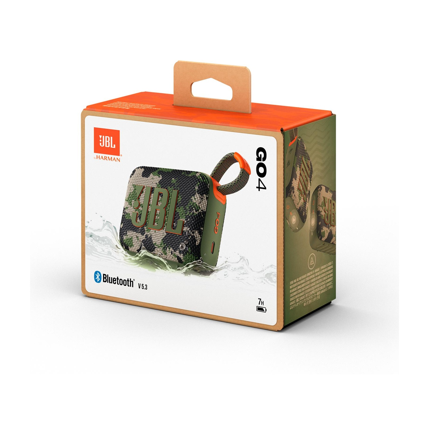 Confezione altoparlante JBL Go 4 mimetico, con Bluetooth 5.3 e 7 ore di batteria.