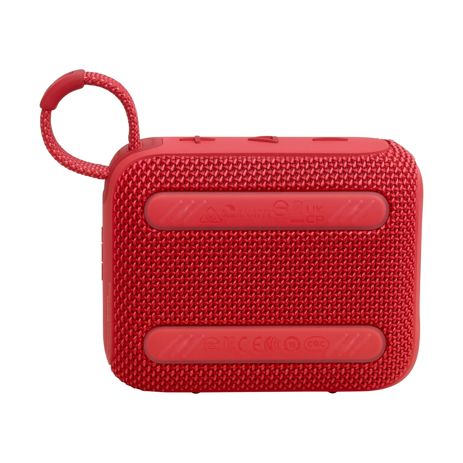 Un piccolo altoparlante Bluetooth rosso con tracolla e pulsanti di controllo.