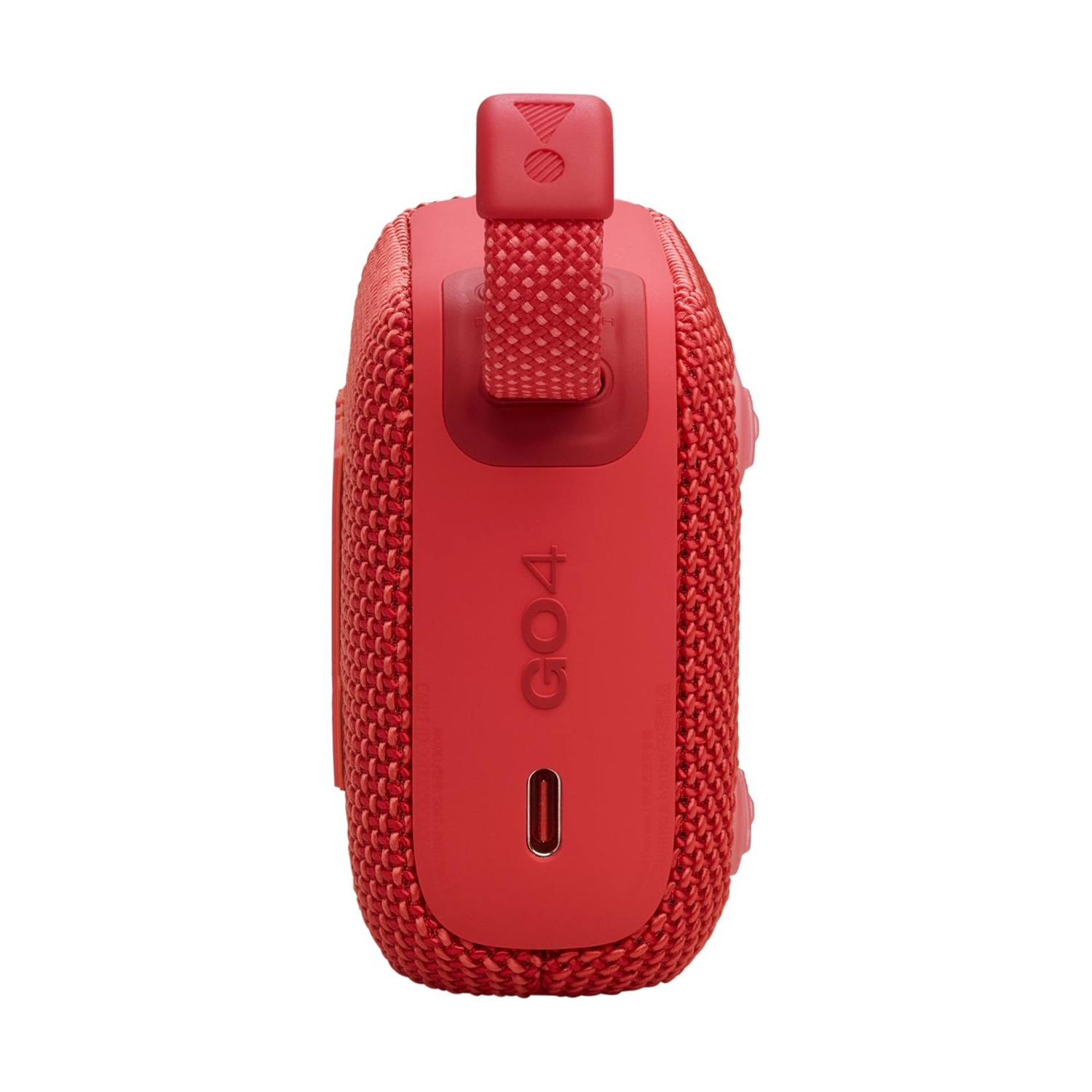 Altoparlante portatile rosso con griglia in tessuto e porta USB-C.