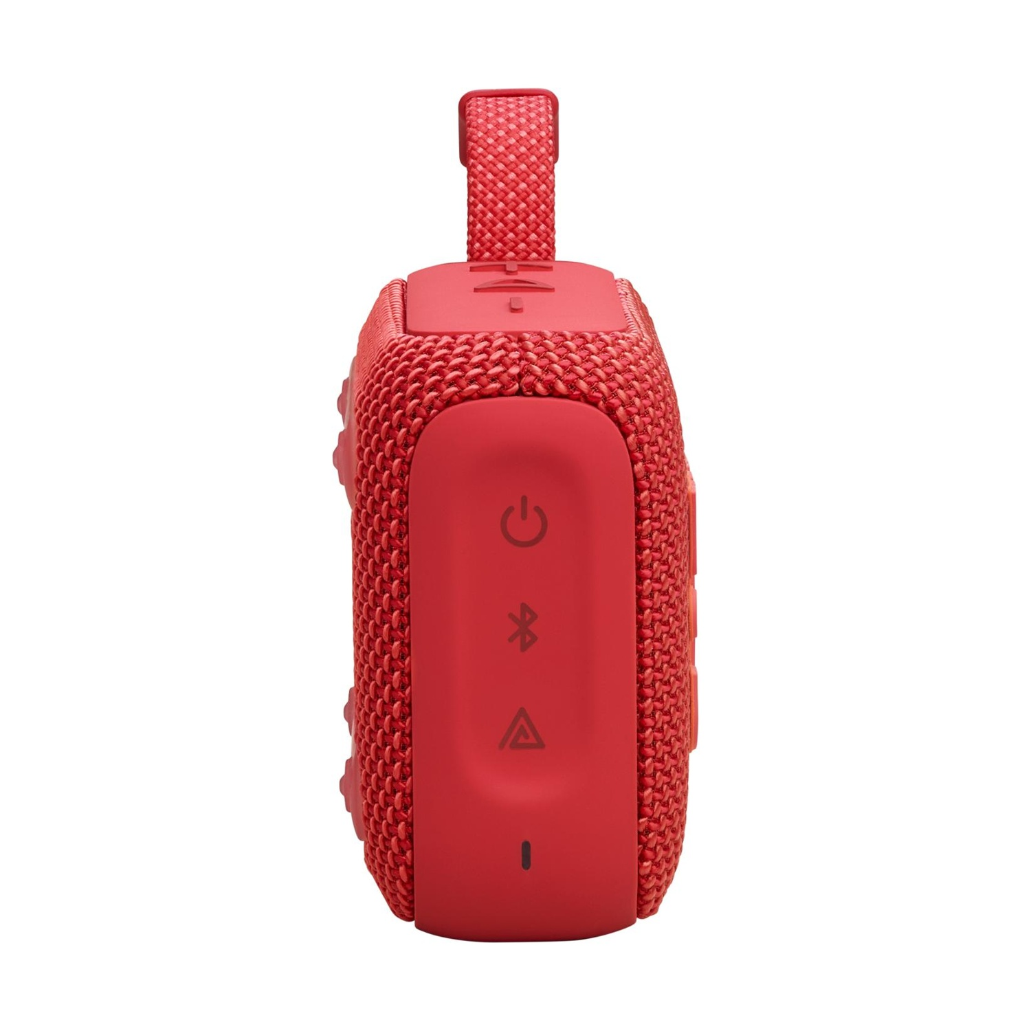 Altoparlante portatile rosso con copertura in tessuto e pulsanti.