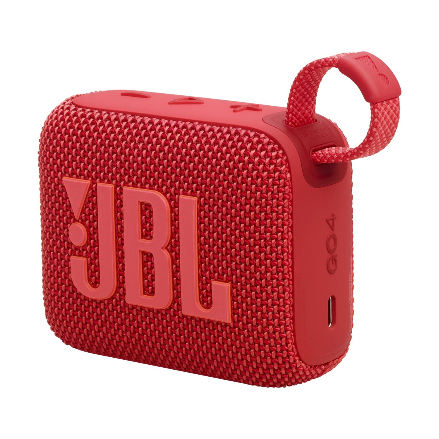 Altoparlante Bluetooth JBL Go 4 rosso con cinturino e porta USB-C.