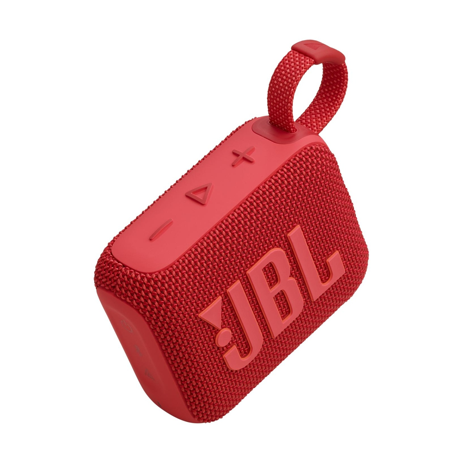 Un altoparlante Bluetooth JBL rosso con anello di trasporto, isolato su bianco.