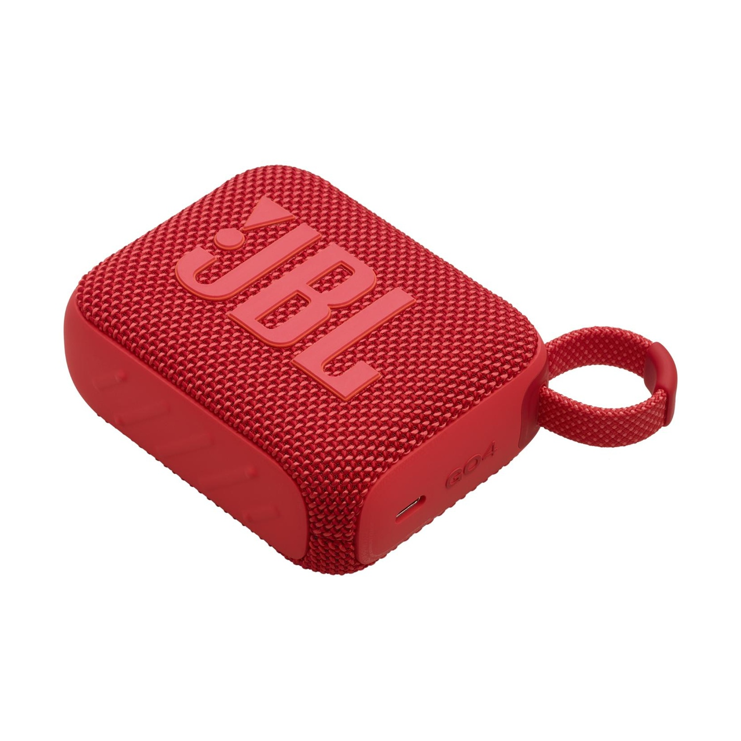 Un altoparlante Bluetooth JBL Go 4 rosso con cinturino su sfondo bianco.