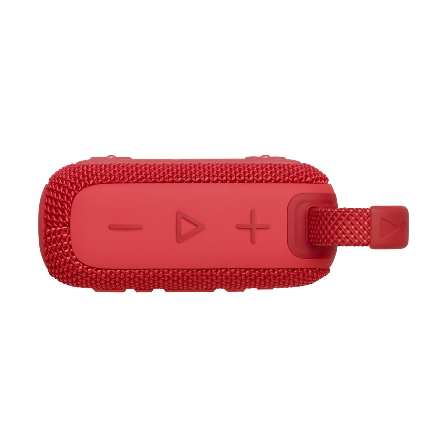 Altoparlante portatile rosso con pulsanti: volume meno, play/pausa e volume più.