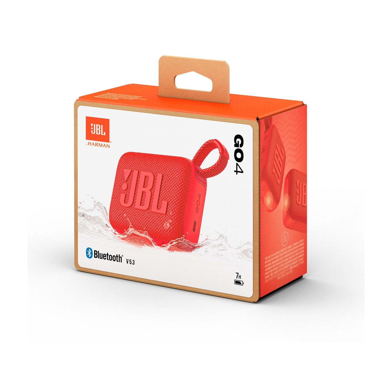 Confezione di un altoparlante Bluetooth JBL GO4 rosso con dettaglio schizzo.