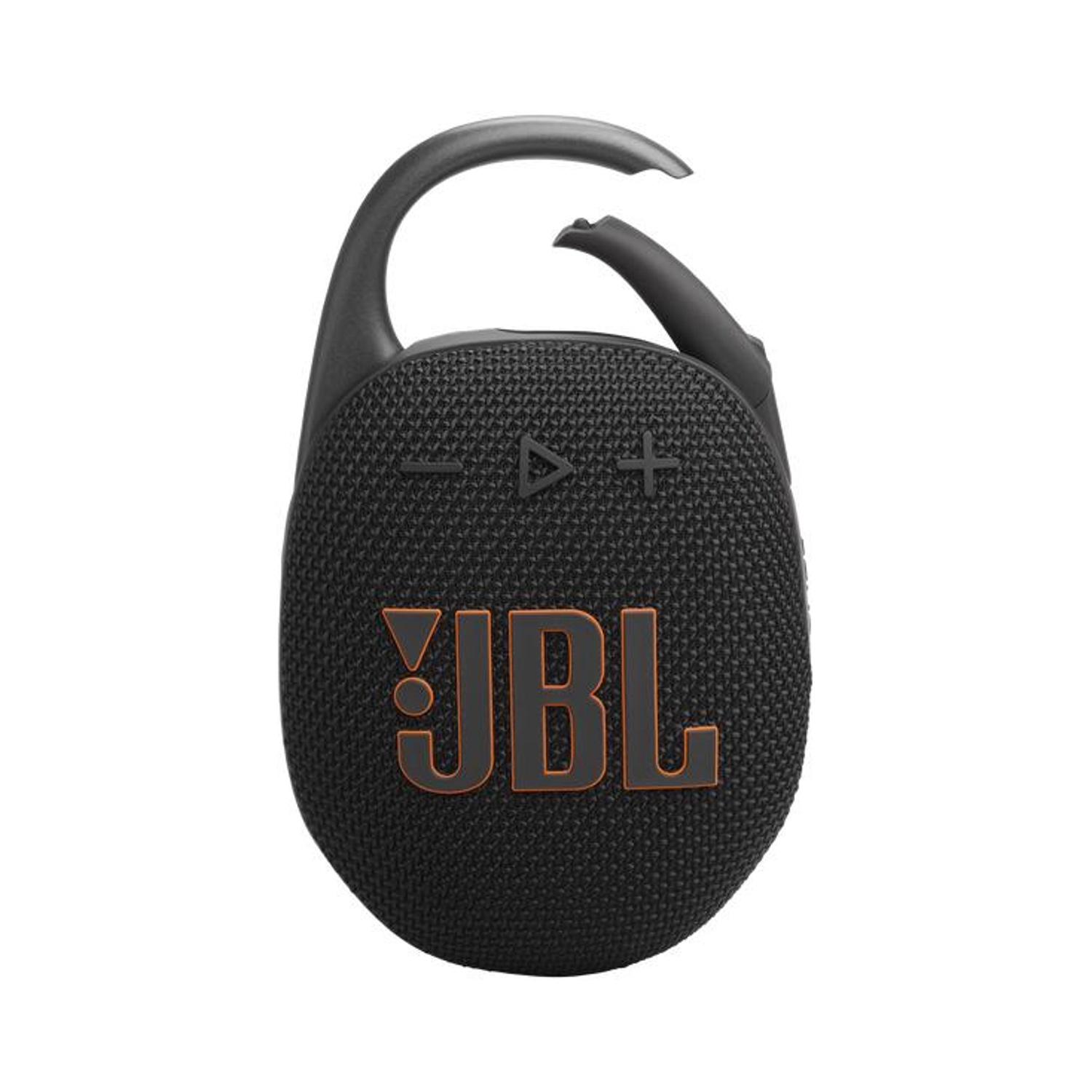Cassa JBL portatile nera con clip a moschettone e tessuto testurizzato.